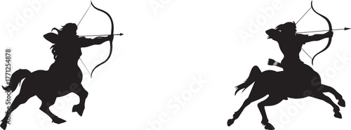Silhouette of centaur archers aiming bows in dynamic action poses, mythical half human half horse warriors symbolizing power, focus, and ancient legend fantasy art on white background