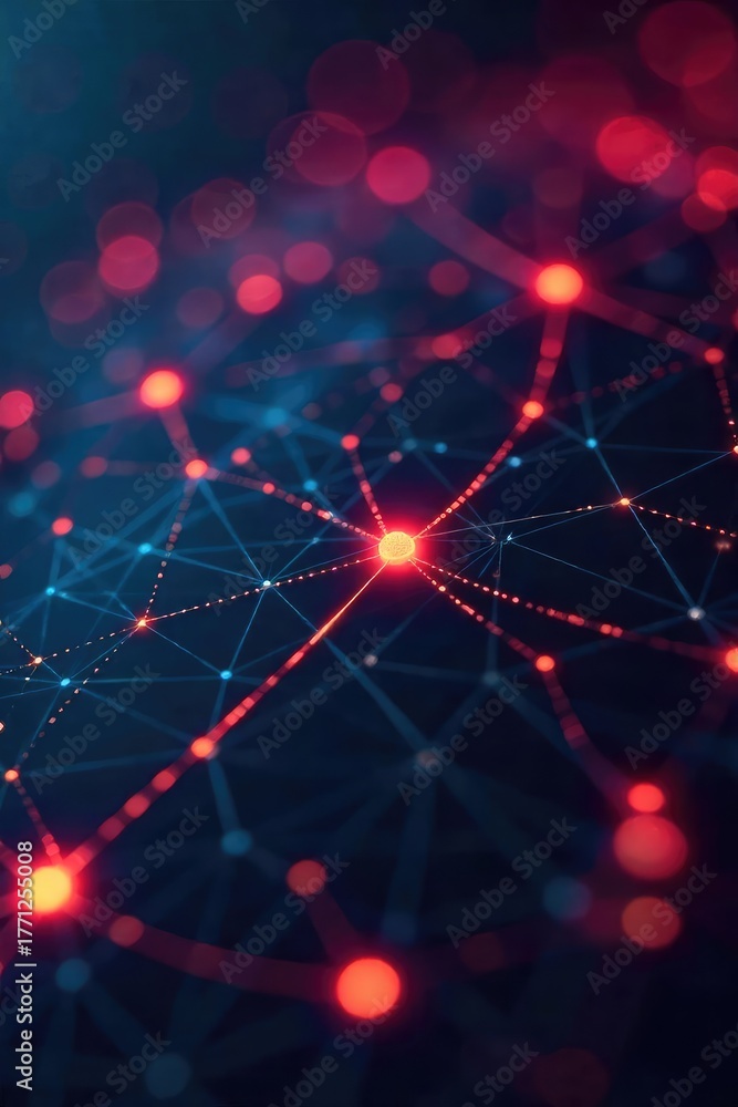 Fototapeta premium Close-up shot of a complex network of glowing nodes and connecting lines visualizing digital interaction data streams, illustrating intricate data flows and connections , nexus, connections