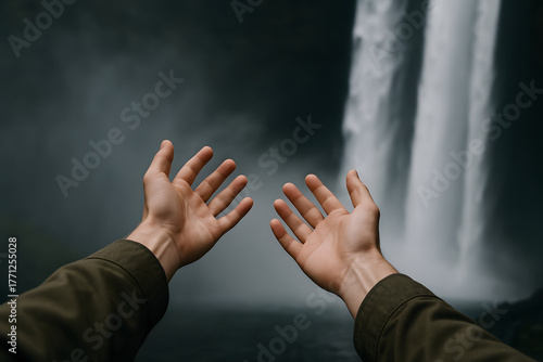man is hand reaches out to receive the freshness of the waterfall.