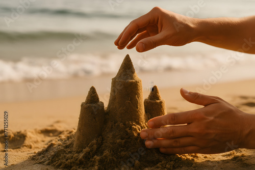 man focused on building detailed sandcastle on sunny beach using hands to shape towers