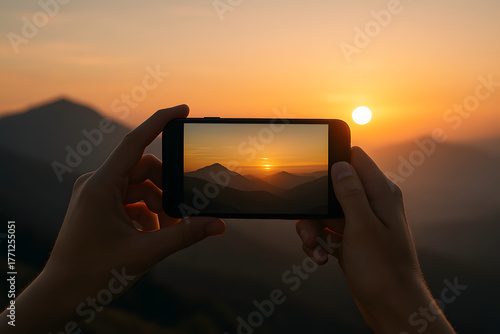 Hand Holding a Phone Displaying a Sunset