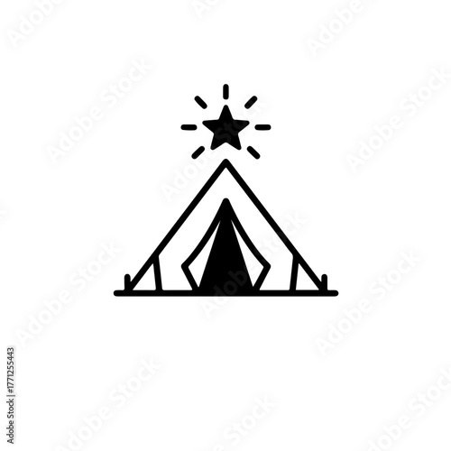 Black and white icon of a simple shelter or refugee tent with a single shining star above it, symbolizing temporary dwelling, security, and a beacon of hope amid difficult circumstances. World Refugee