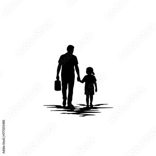 Black white icon of two walking silhouettes carrying a small bag, symbolizing mass displacement, migration, or forced journey with minimal possessions. Concept of refugee crisis and human displacement