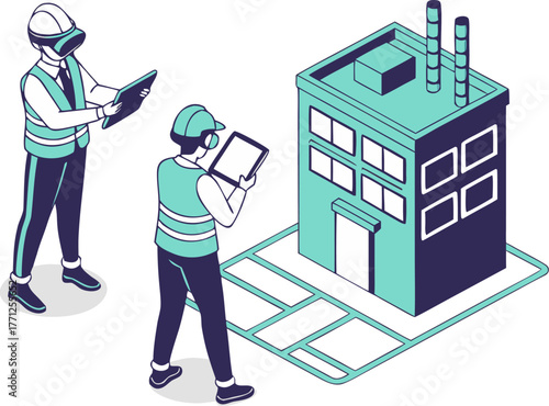 Engineers using virtual reality to monitor digital twin model of smart manufacturing plant in isometric technology illustration.