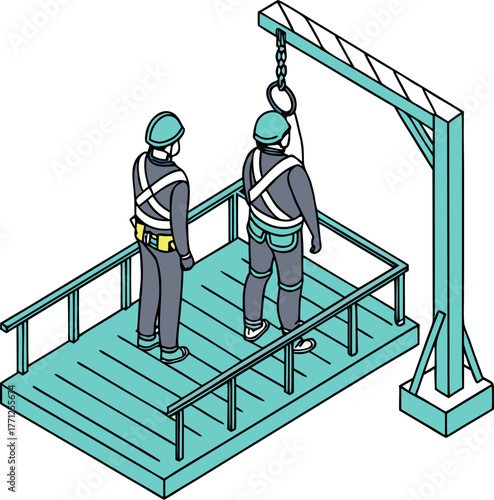 Industrial safety training meeting in a factory setting, where workers learn abseiling and rope access techniques, isometric isolated view.