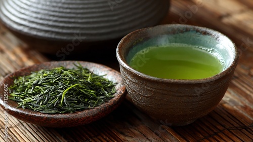 Still life of vibrant green tea in a traditional Japanese setting