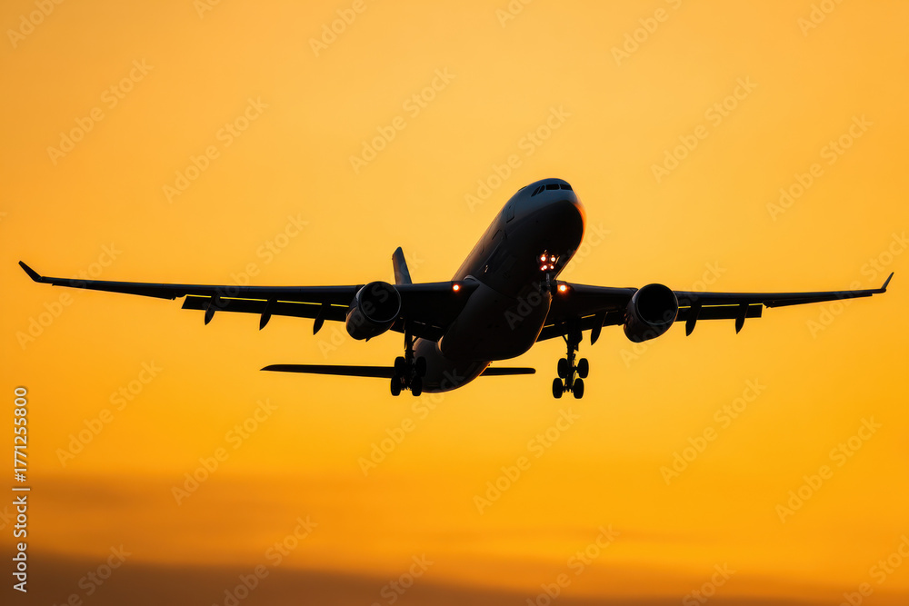 Fototapeta premium Airplane silhouette against golden evening sky