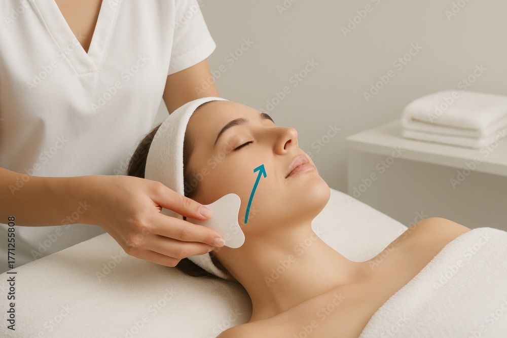 Naklejka premium Woman receiving facial treatment in a spa, with a focus on relaxation and skincare, showcasing beauty therapy techniques and serene environment
