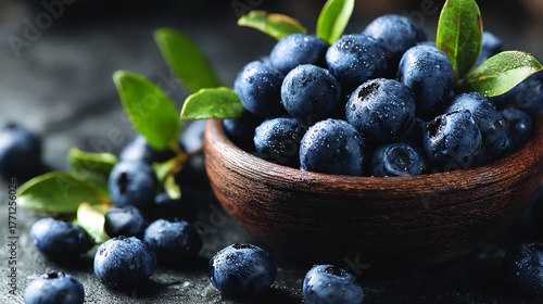 Fresh blueberries with water droplets in a rustic wooden bowl close up view