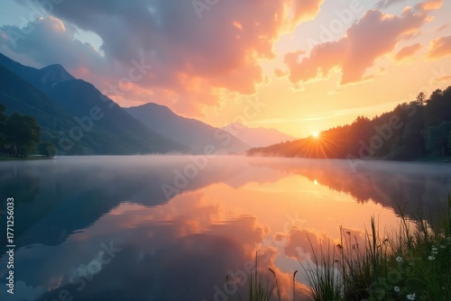 Wallpaper Mural Serene sunrise over a tranquil lake, mist gently rising, perfect for mindfulness and peaceful contemplation Ideal for meditation, yoga, nature, relaxation themes , quiet, dawn, wellbeing Torontodigital.ca