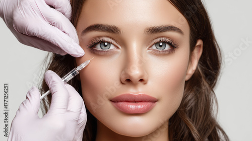 A young woman receives a cosmetic treatment on her face, focusing on enhancing her features. The procedure aims to improve skin texture and achieve a fresh, youthful look.