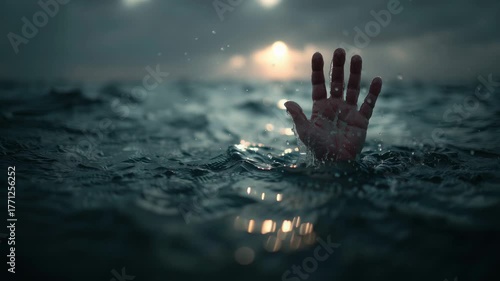 Amidst the dark waves at twilight, a solitary hand extends from the deep, symbolic of a desperate fight for help. The water reflects the dim light, capturing a moment of urgency.
