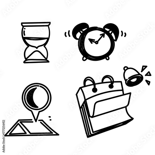 doodle calendar time location set icon in hand drawn style cartoon