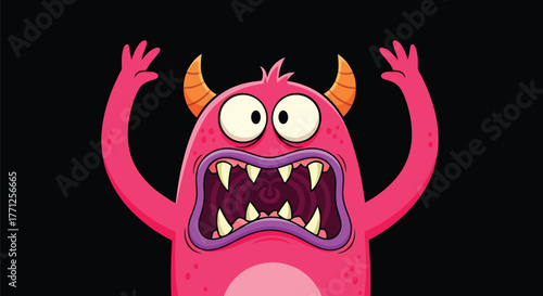 Scary pink monster with horns and sharp teeth on a