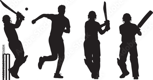 Cricket silhouette players batting bowling wicket keeping running action