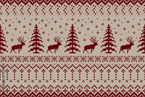 Christmas and New Year.  Christmas seamless ethnic pattern. Christmas ethnic pixel pattern with Nordic flowers, reindeers, pine trees, baubles, bell, present for winter hats, ugly sweaters and jumper.