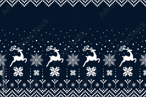 Christmas and New Year.  Christmas seamless ethnic pattern. Christmas ethnic pixel pattern with Nordic flowers, reindeers, pine trees, baubles, bell, present for winter hats, ugly sweaters and jumper.