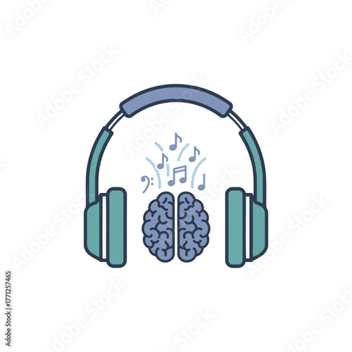 Illustration of headphones playing music that stimulates a brain, depicted with musical notes.