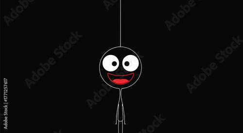 A simple cartoon stick figure with a wide smile and big eyes, hanging from a string