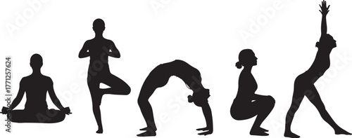 Yoga poses silhouettes people in different yoga positions health and wellness