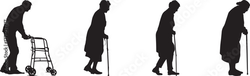 Silhouette of elderly man and woman walking with cane and walker on white background symbolizing aging, mobility support, senior care, rehabilitation, health, disability, and independent living concep