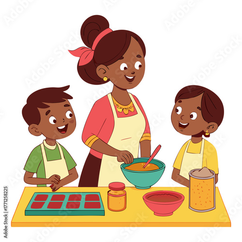 Indian Family Cooking Curry at Home. Perfect for: spice brand visuals, Indian culture education, food blog illustrations