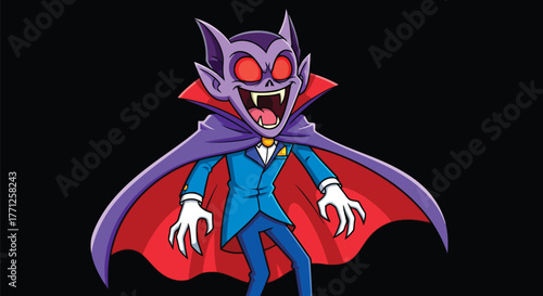 Spooky cartoon vampire with red eyes, fangs, and a purple cape