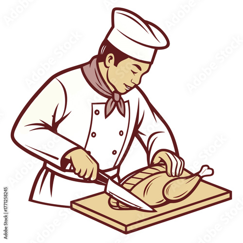 Chinese Chef Slicing Peking Duck Vector. Perfect for: luxury restaurant ads, culinary magazines, Chinese food packaging