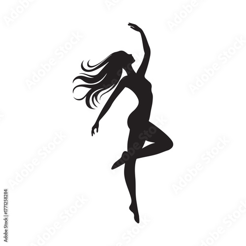 elegant silhouette of a dancing woman with long flowing hair vector graphic for a dance studio.