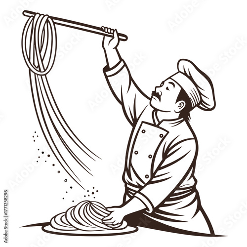 Hand-Pulled Noodle Chef Vector. Perfect for: culinary posters, restaurant logos, Asian food documentaries