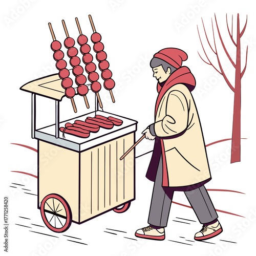 Street Vendor Selling Candied Hawthorn Vector. Perfect for: winter festival designs, cultural travel visuals