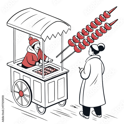 Street Vendor Selling Candied Hawthorn Vector. Perfect for: winter festival designs, cultural travel visuals