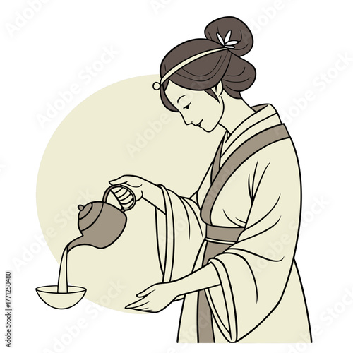Chinese Woman Pouring Green Tea Vector. Perfect for: home decor prints, tea house branding, wellness blogs