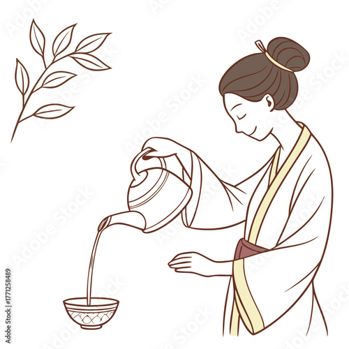 Chinese Woman Pouring Green Tea Vector. Perfect for: home decor prints, tea house branding, wellness blogs