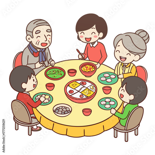 Large Family Celebrating Lunar New Year Feast. Perfect for: festive campaigns, cultural education visuals, family celebration art