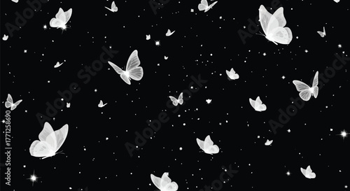 Numerous white butterflies fluttering in a starry night sky
