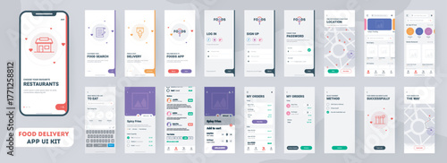 Food delivery mobile app ui kit including sign up, food menu, booking and home service type review screens.