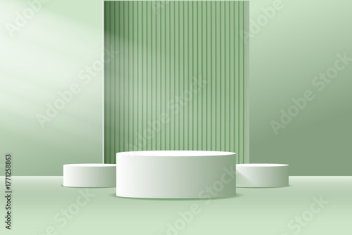A minimalist green background with soft lighting showcases three white cylindrical podiums arranged at varying heights, positioned in front of a vertically striped green wall.