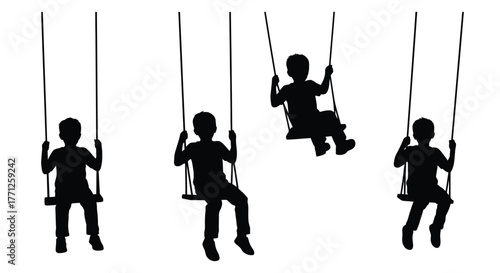 Silhouettes of children enjoying a playful moment on multiple swings