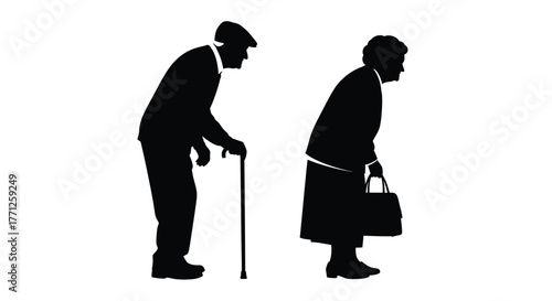 Silhouettes of an elderly couple walking with a cane and handbag