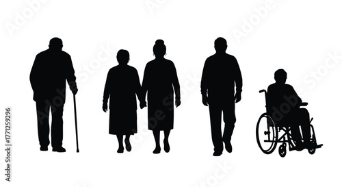Silhouettes of elderly people walking some with mobility aids shown