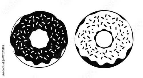 Two simple black and white donut illustrations with colorful sprinkles