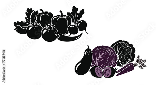 An artistic black and white illustration of assorted fresh vegetables