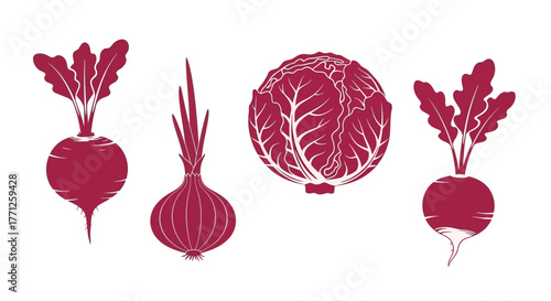 A collection of vibrant red root vegetables in a simple illustration