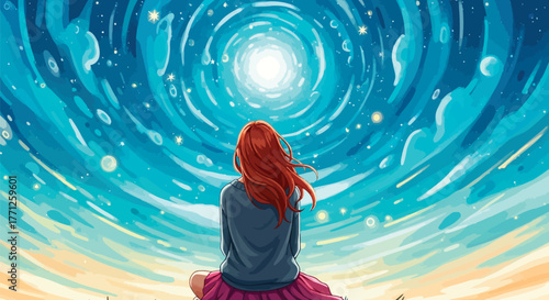 Woman looking at a swirling galaxy of stars and light in the sky