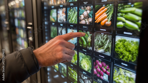 A person interacts with a vending machine filled with fresh produce in an urban area, selecting healthy food items like fruits and vegetables during the day.