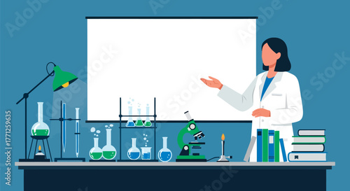 Scientist presenting in a laboratory with equipment and whiteboard