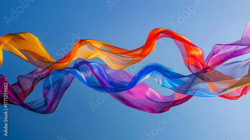 Colorful Silk Fabric Flowing Gracefully Against a Clear Blue Sky Beautiful Backdrop