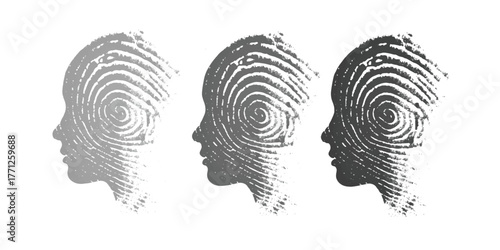 Three profile heads formed by fingerprint patterns representing identity and individuality isolated on white background