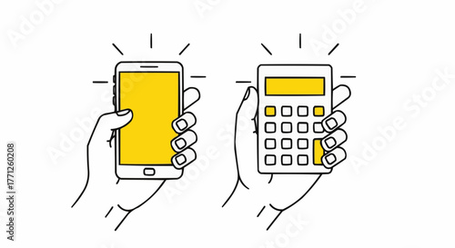 Minimalist illustration of two hands holding smartphone and calculator — flat vector design symbolizing finance and technology